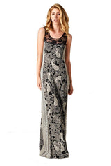 Niobe Clothing Sleeveless Black White Paisley Striped Mixed Media Lace Maxi Dress - f_dresses