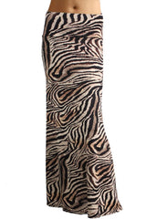 Niobe Clothing Animal Print Striped Full Length Banded Waist Foldover Maxi Skirt (Sand Tiger) - Skirts