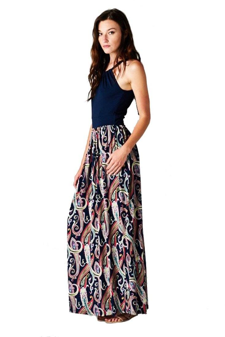 Multi Color Paisley Floral Sleeveless Halter Style Maxi Dress dress- Niobe Clothing