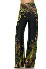 Niobe Clothing High Waist Fold Over Wide Leg Gaucho Palazzo Pants (Emerald Floral) - pants