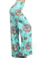 Niobe Clothing High Waist Fold Over Wide Leg Gaucho Palazzo Pants (Mint Paisley) - pants