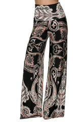 Niobe Clothing High Waist Fold Over Wide Leg Gaucho Palazzo Pants (Black Pink Paisley) - pants