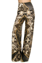 Niobe Clothing High Waist Fold Over Wide Leg Gaucho Palazzo Pants (Baroque Rose) - pants