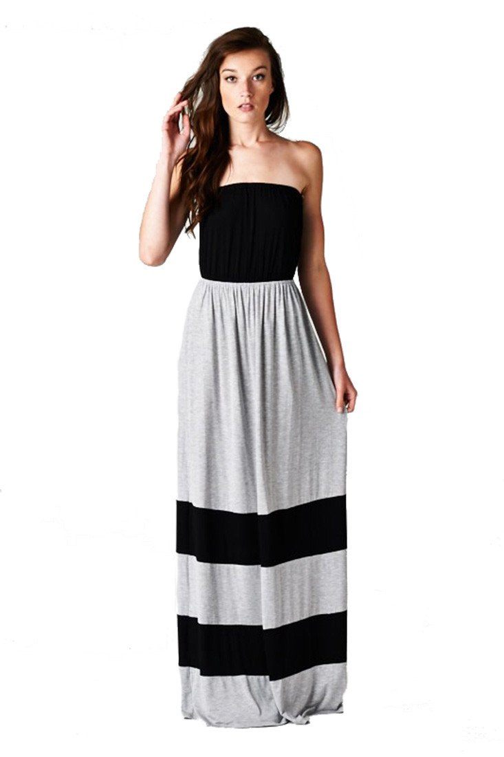 Niobe Clothing Strapless Colorblock Black Grey Tube Top Maxi Dress - f_dresses