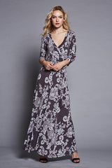 Niobe Clothing 3/4 Sleeve Dark Grey Damask Bohemian Maxi Dress - dress