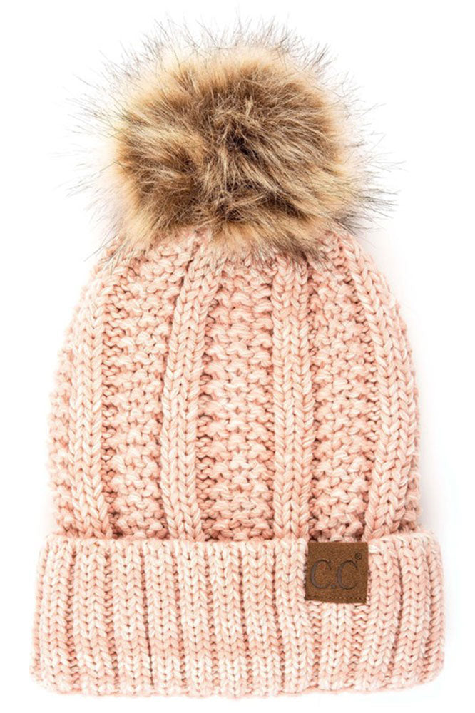 Faux-Fur Pom Fleece-Lined Knit Beanie