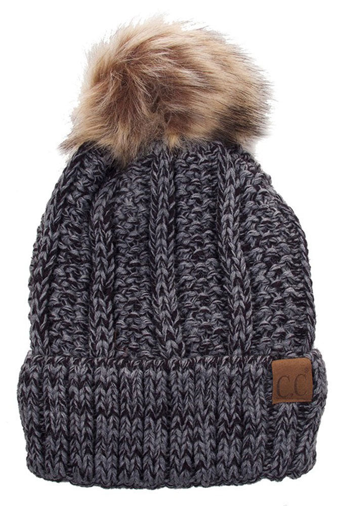 Faux-Fur Pom Fleece-Lined Knit Beanie