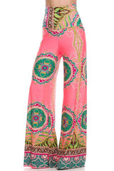 Niobe Clothing High Waist Fold Over Wide Leg Gaucho Palazzo Pants (Pink Jade) - pants
