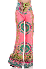 Niobe Clothing High Waist Fold Over Wide Leg Gaucho Palazzo Pants (Pink Jade) - pants