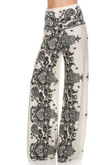 Niobe Clothing High Waist Fold Over Wide Leg Gaucho Palazzo Pants (White Paisley) - pants
