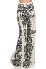 Niobe Clothing High Waist Fold Over Wide Leg Gaucho Palazzo Pants (White Paisley) - pants