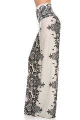 Niobe Clothing High Waist Fold Over Wide Leg Gaucho Palazzo Pants (White Paisley) - pants