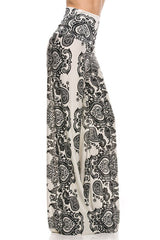 Niobe Clothing High Waist Fold Over Wide Leg Gaucho Palazzo Pants (White Paisley) - pants