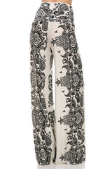 Niobe Clothing High Waist Fold Over Wide Leg Gaucho Palazzo Pants (White Paisley) - pants