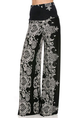Niobe Clothing High Waist Fold Over Wide Leg Palazzo Pants (Bandana Black) - pants