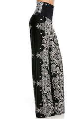 Niobe Clothing High Waist Fold Over Wide Leg Palazzo Pants (Bandana Black) - pants