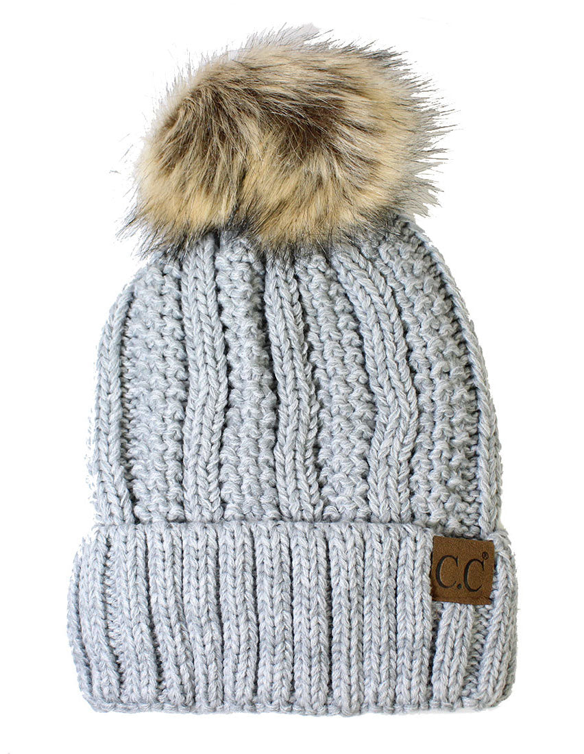 Faux-Fur Pom Fleece-Lined Knit Beanie
