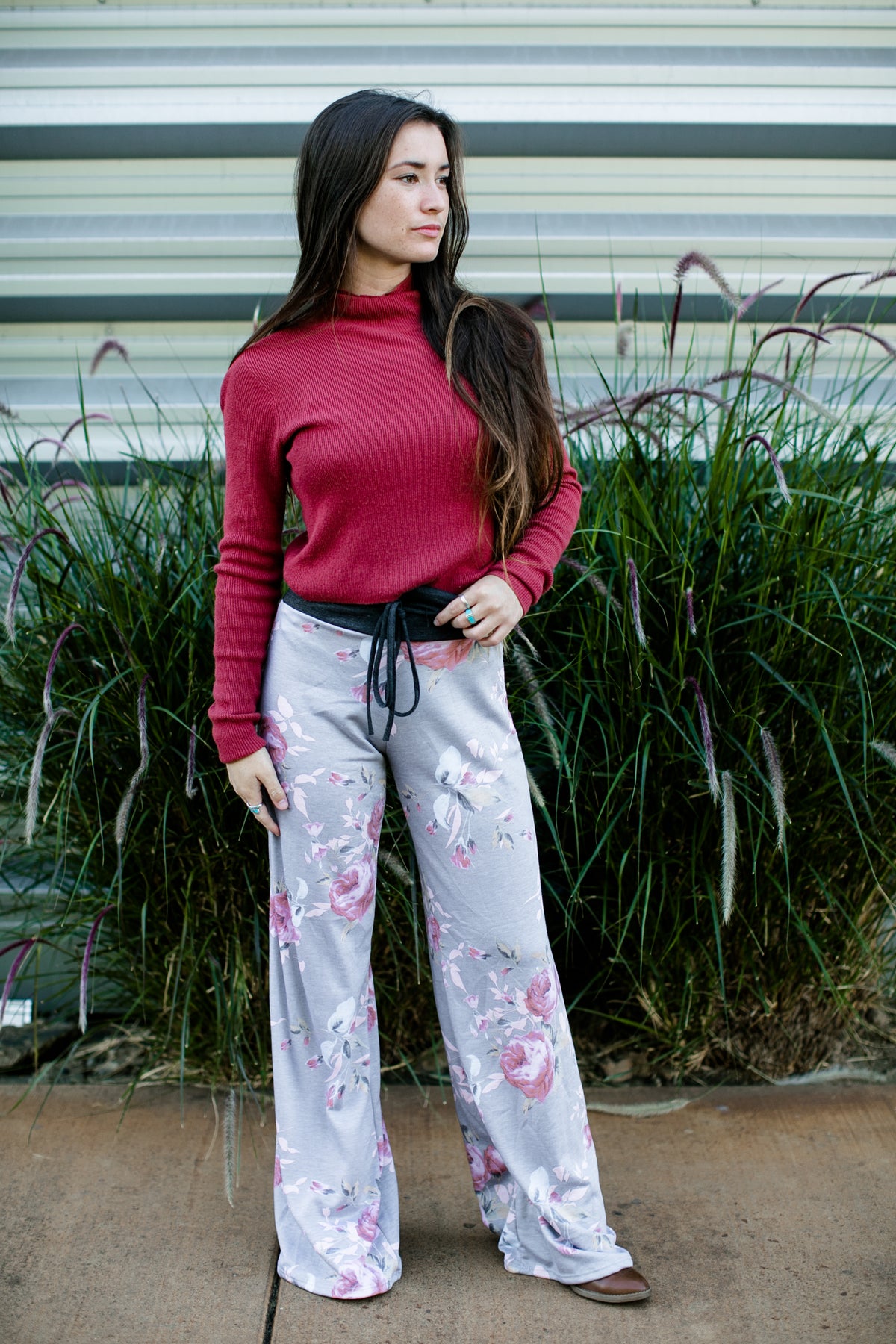 12Pm Mon Ami Floral Rose Casual Lounge Pants in Grey - f_bottoms