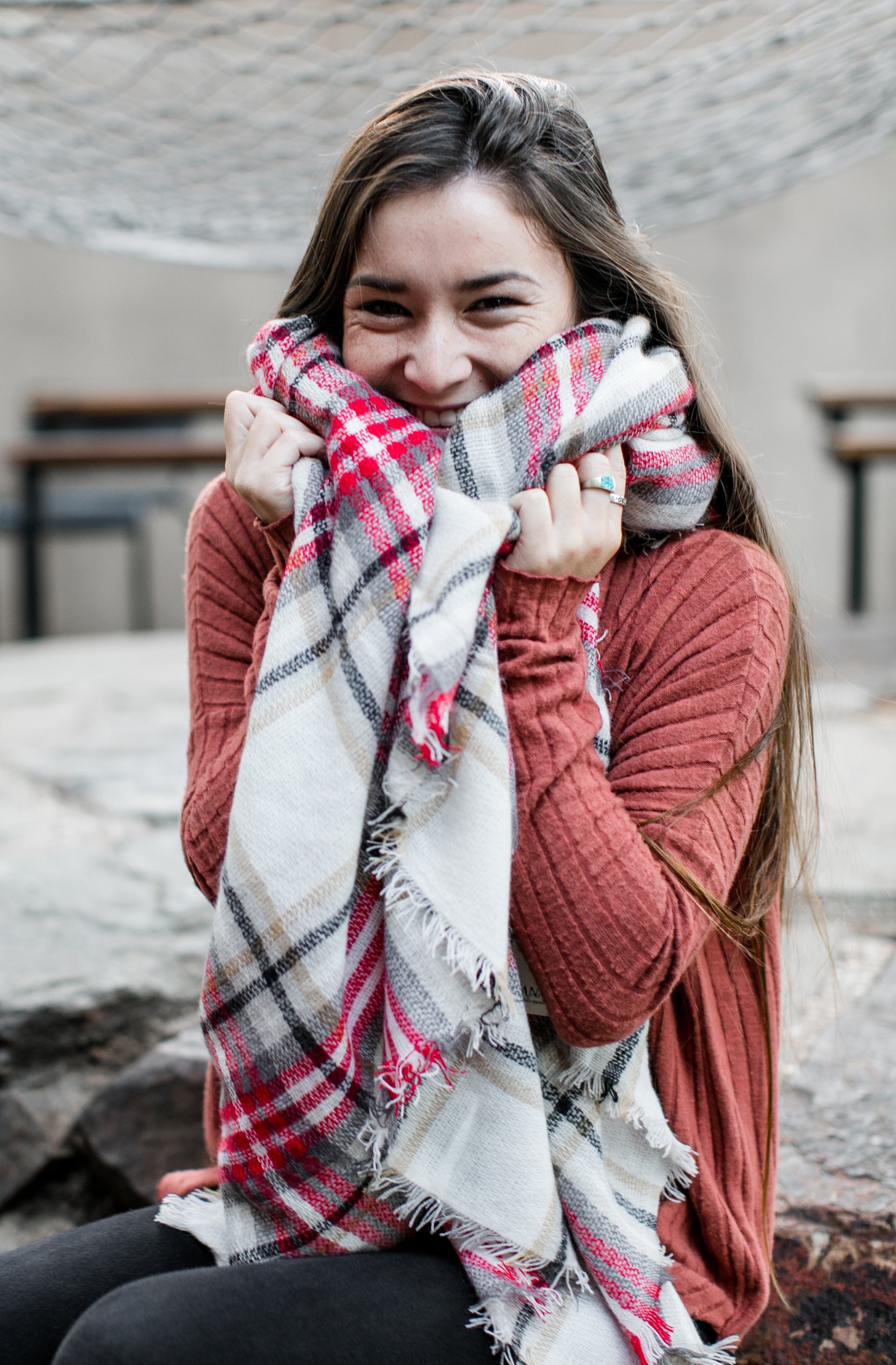 Niobe Clothing Red Checker Blanket Scarf - Scarves
