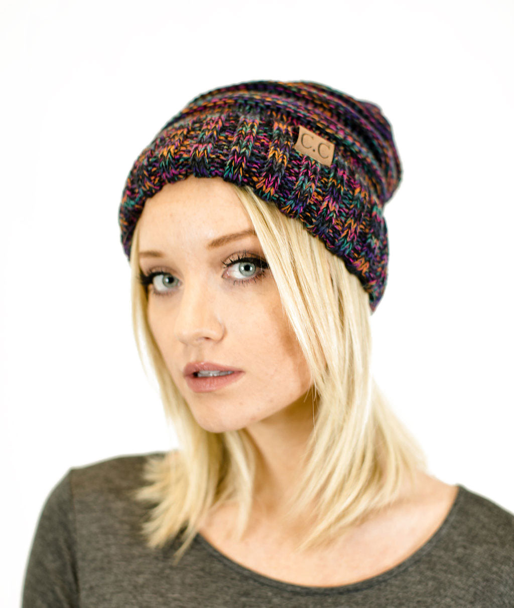C.C. Unisex Two Toned Mix Knit Oversized Slouchy Beanie - Beanies Hats