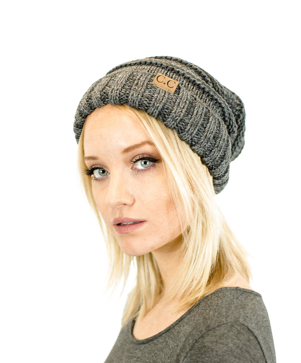 C.C. Unisex Two Toned Mix Knit Oversized Slouchy Beanie - Beanies Hats