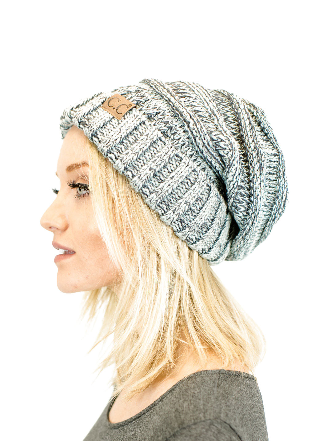C.C. Unisex Two Toned Mix Knit Oversized Slouchy Beanie - Beanies Hats