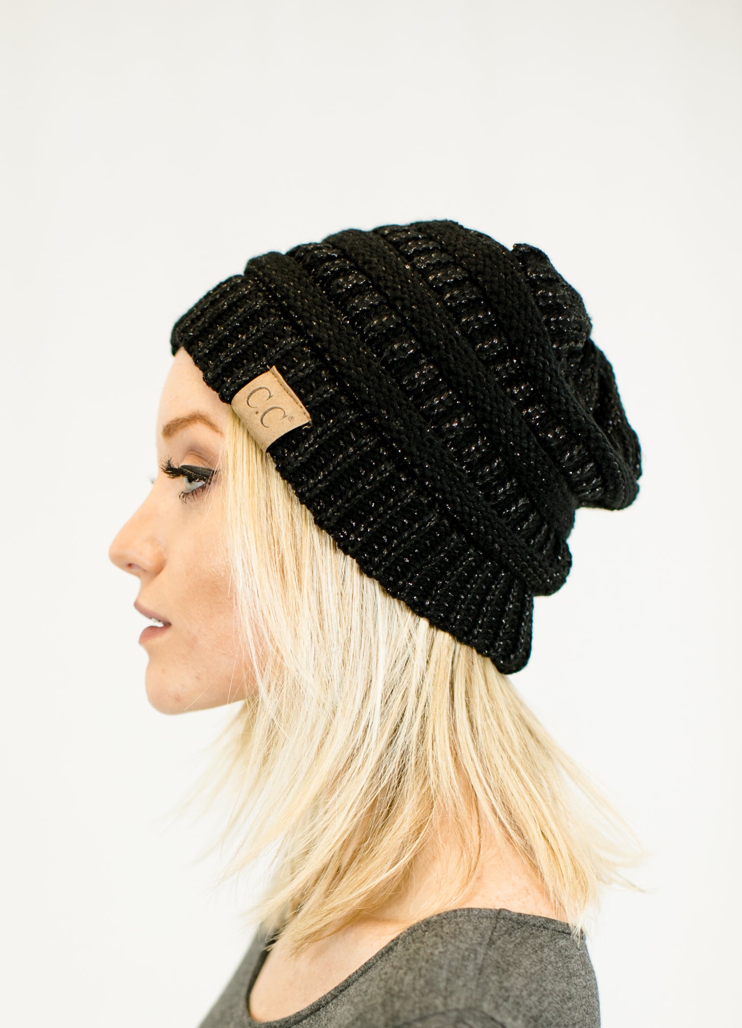 C.C. Unisex Two Toned Metallic Soft Stretch Knit Slouchy Beanie - Beanies Hats