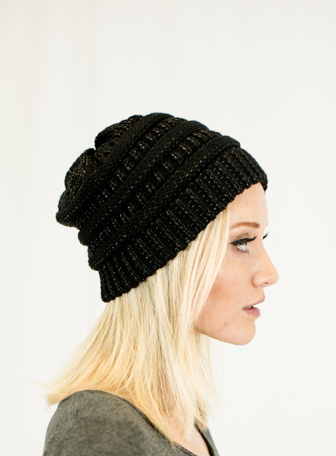 C.C. Unisex Two Toned Metallic Soft Stretch Knit Slouchy Beanie - Beanies Hats