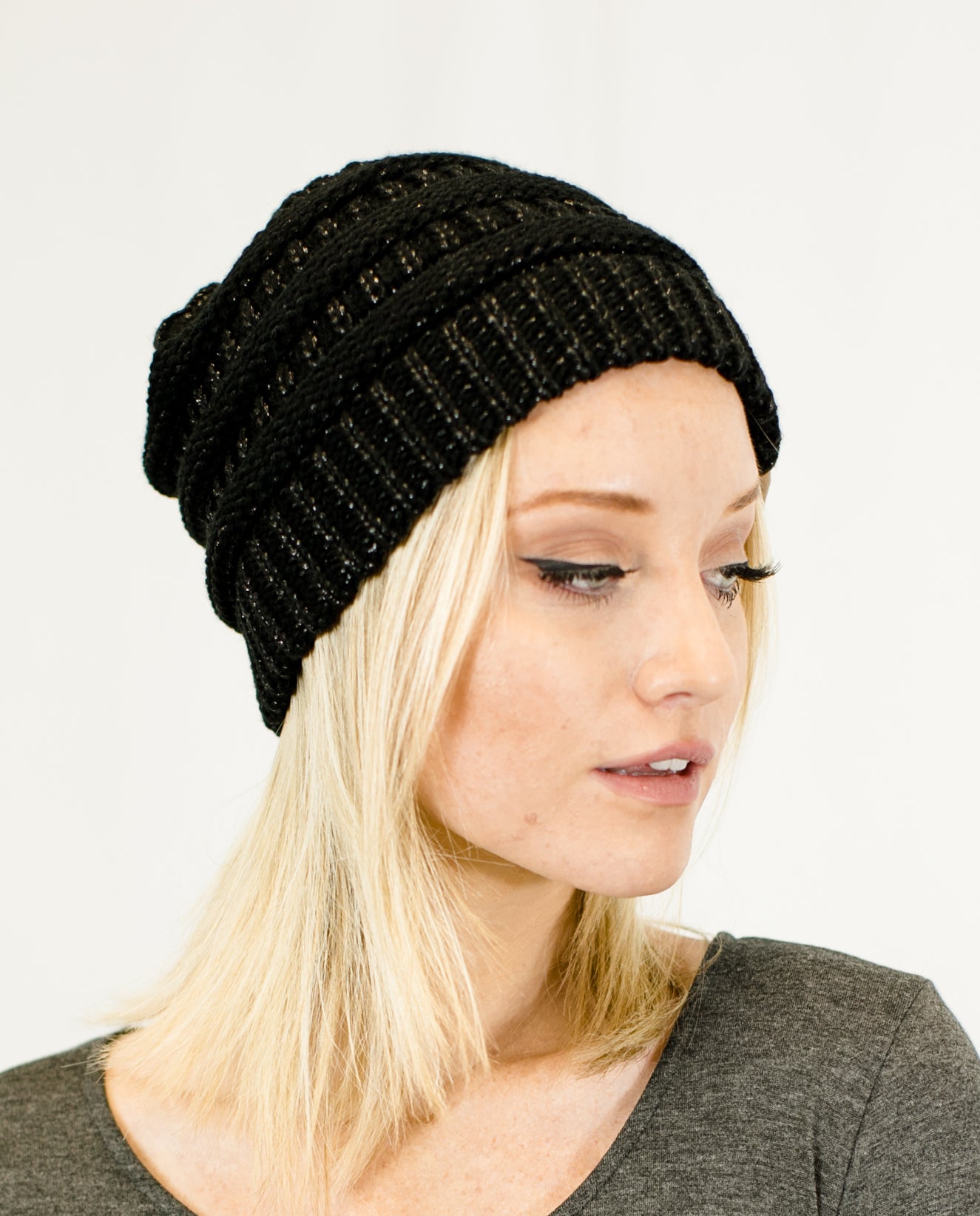 C.C. Unisex Two Toned Metallic Soft Stretch Knit Slouchy Beanie - Beanies Hats