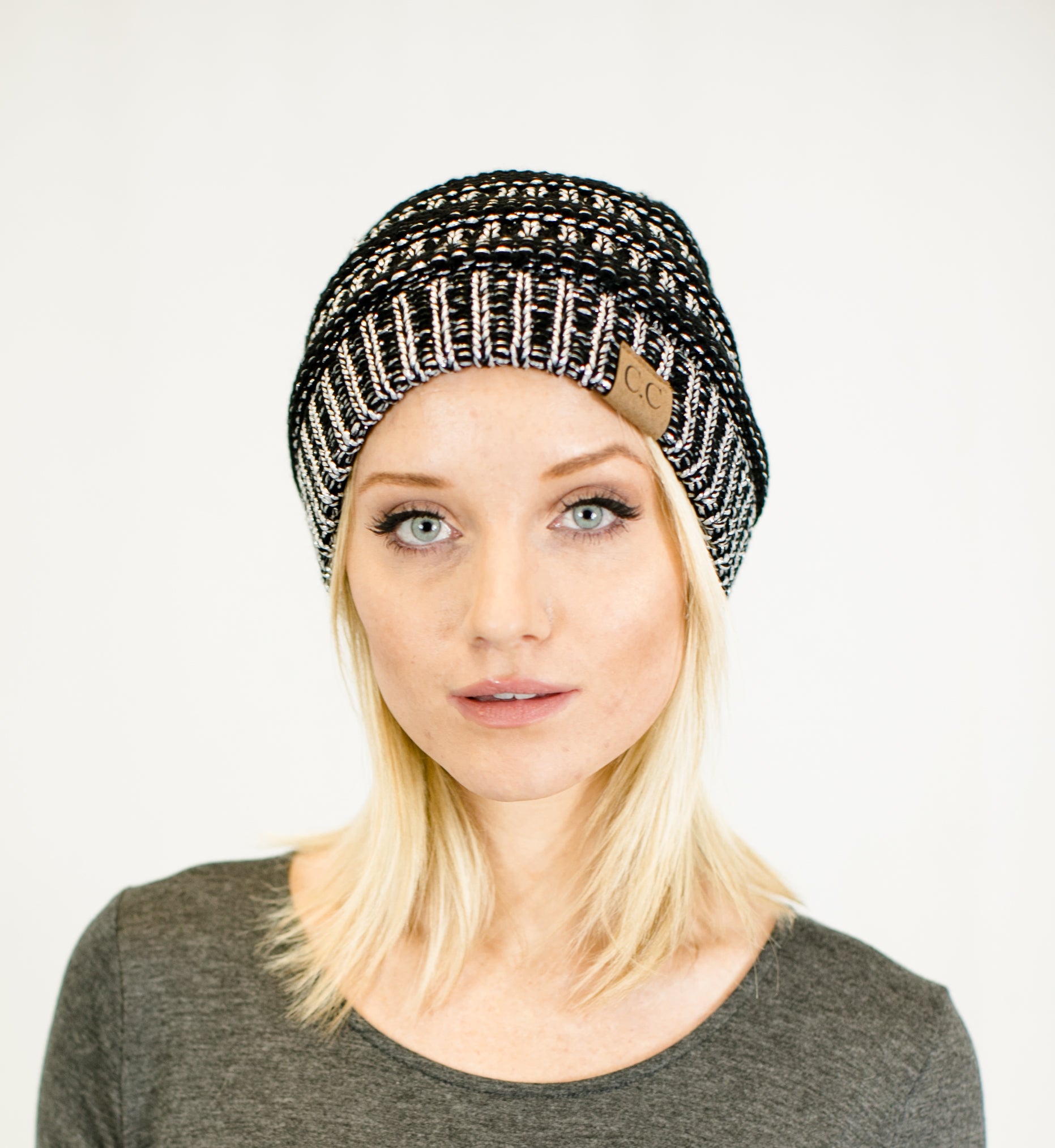 C.C. Unisex Two Toned Metallic Soft Stretch Knit Slouchy Beanie - Beanies Hats