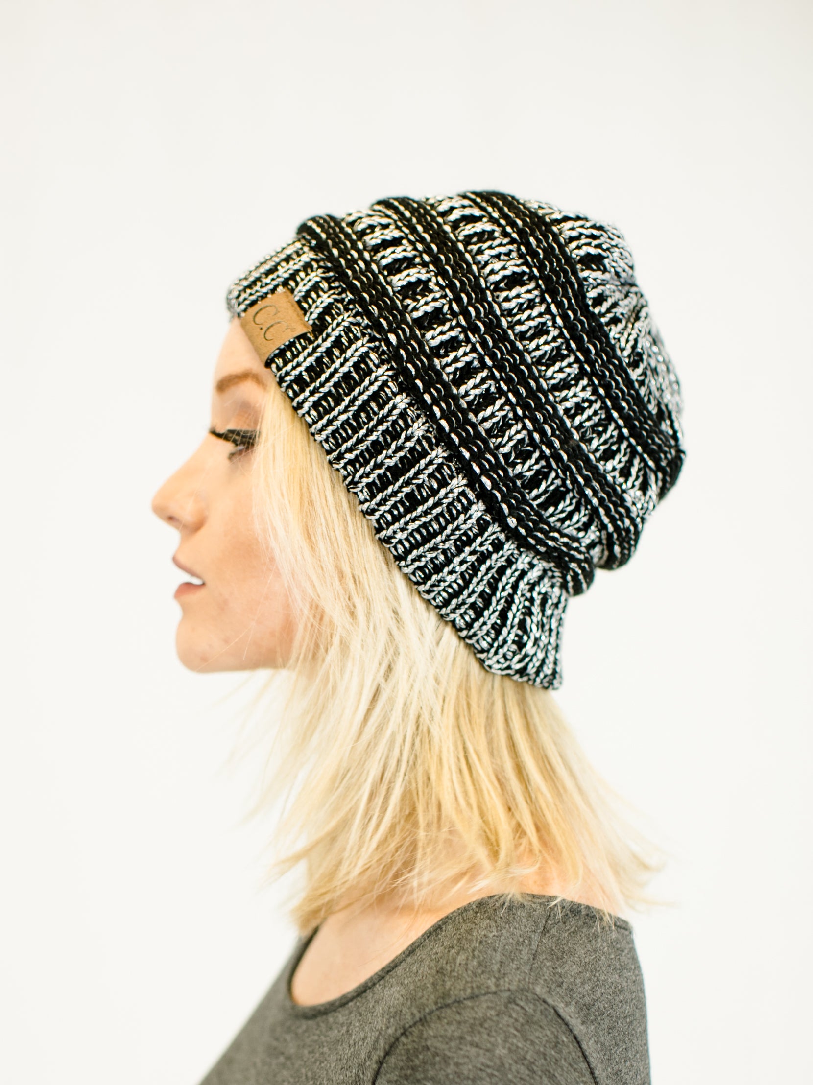 C.C. Unisex Two Toned Metallic Soft Stretch Knit Slouchy Beanie - Beanies Hats