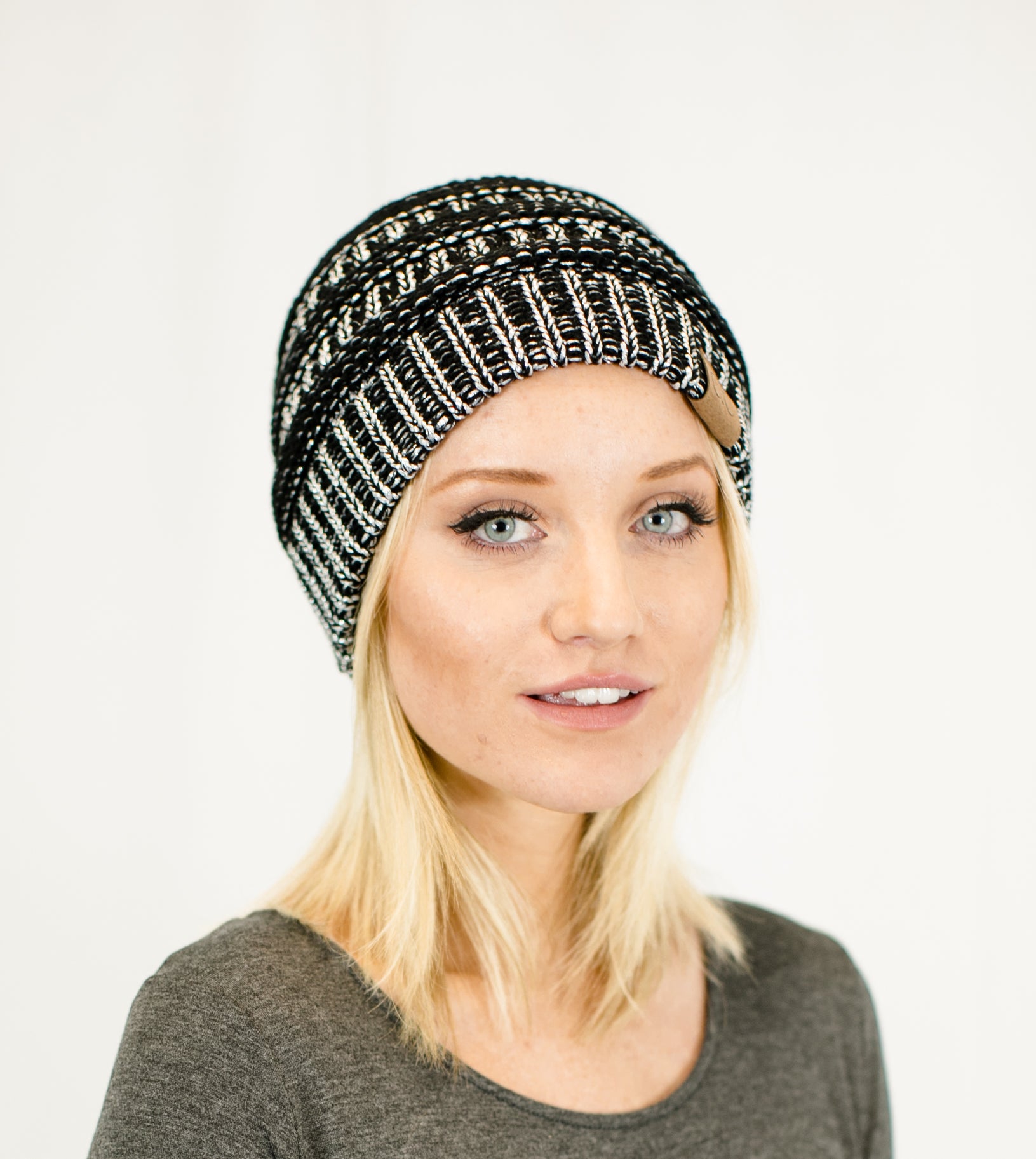 C.C. Unisex Two Toned Metallic Soft Stretch Knit Slouchy Beanie - Beanies Hats