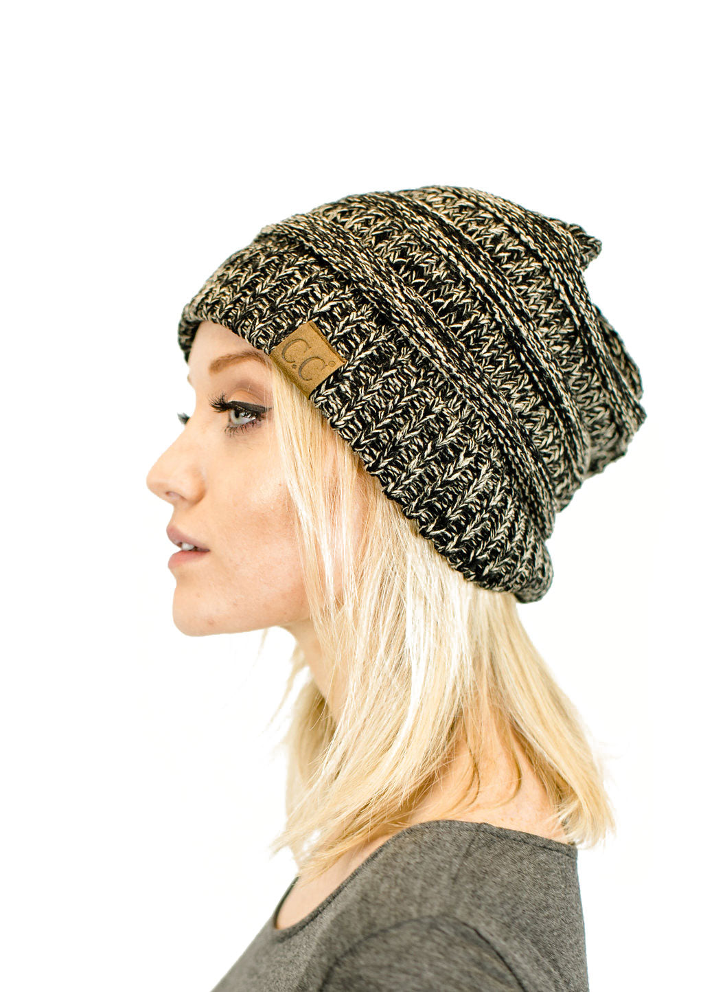 C.C. Two-Toned Unisex Soft Stretch Knit Slouchy Skull Beanie - Beanies Hats