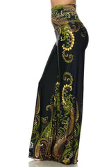 Niobe Clothing High Waist Fold Over Wide Leg Gaucho Palazzo Pants (Emerald Floral) - pants