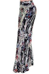 Niobe Clothing High Waist Fold Over Wide Leg Gaucho Palazzo Pants (Abstract Daisy) - pants