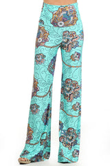 Niobe Clothing High Waist Fold Over Wide Leg Gaucho Palazzo Pants (Mint Paisley) - pants