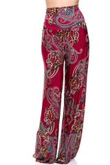 Niobe Clothing High Waist Foldover Boho Palazzo Pants (Burgundy Leopard) - pants