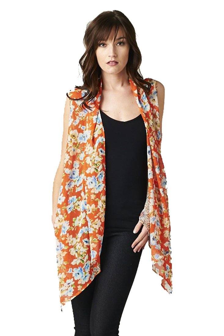 Niobe Clothing Floral Medallion Orange Multi Color Chiffon Sleeveless Top Blouse - f_outerwear