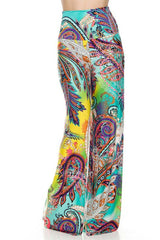 Niobe Clothing High Waist Fold Over Wide Leg Gaucho Palazzo Pants (Turquoise Multi Paisley) - pants