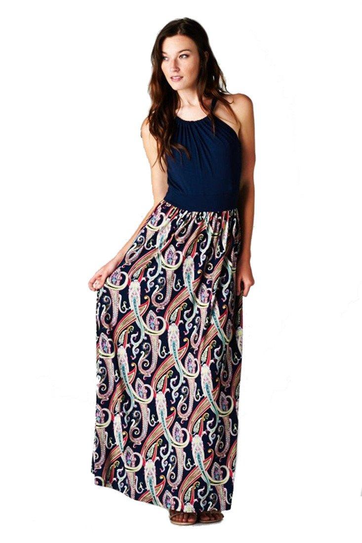 Niobe Clothing Multi Color Paisley Floral Sleeveless Halter Style Maxi Dress - f_dresses