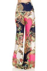 Niobe Clothing High Waist Fold Over Wide Leg Gaucho Palazzo Pants (Pink Paisley) - pants