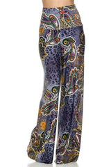 Niobe Clothing High Waist Fold Over Wide Leg Gaucho Palazzo Pants (Lavendar Leopard) - pants