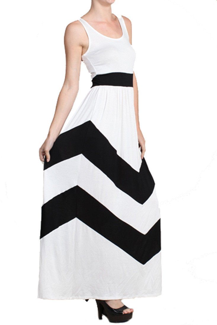 Niobe Clothing Sleeveless White Scoop Neck Chevron Striped Maxi Dress - f_dresses