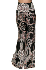 Niobe Clothing High Waist Fold Over Wide Leg Gaucho Palazzo Pants (Black Pink Paisley) - pants
