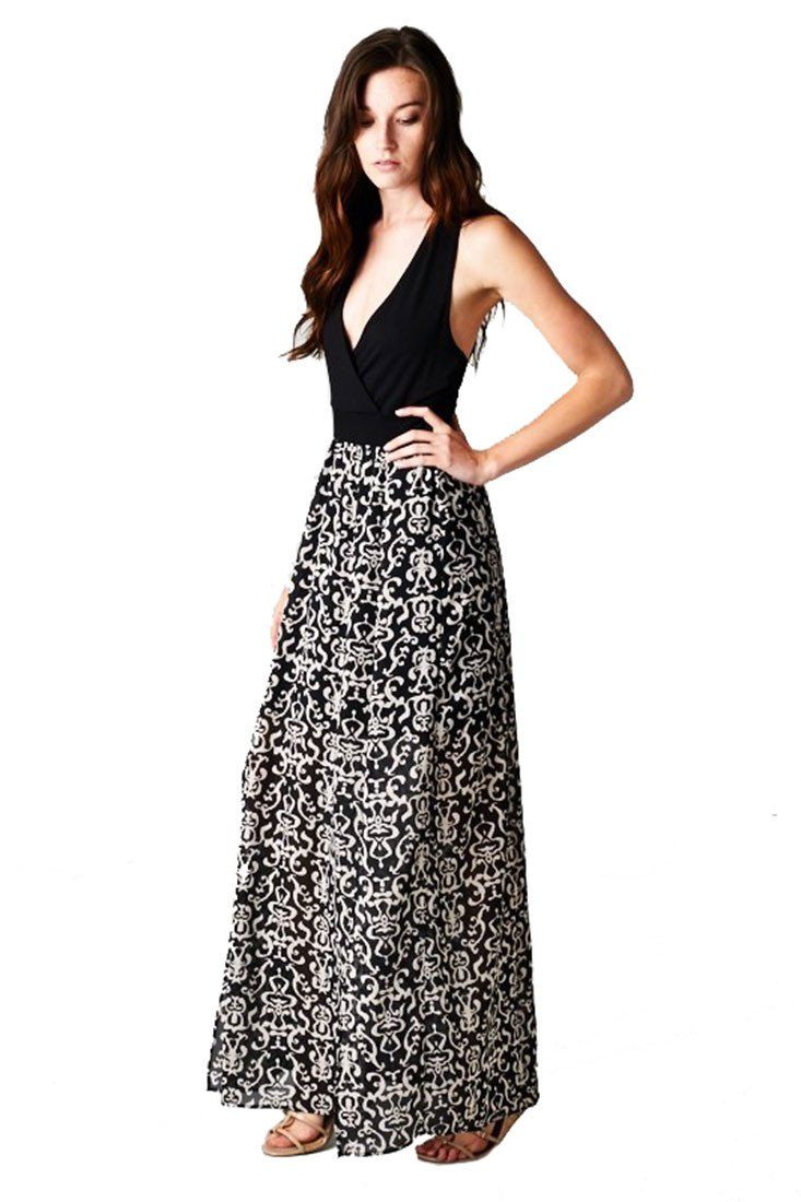 Niobe Clothing Halter Top Baroque Damask Print Black White Maxi Dress w/ Side Slit - Dresses f_dresses
