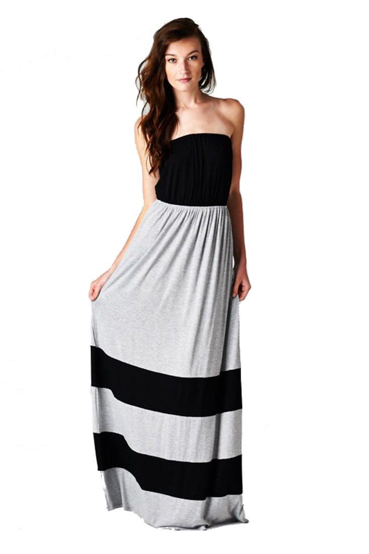Niobe Clothing Strapless Colorblock Black Grey Tube Top Maxi Dress - f_dresses
