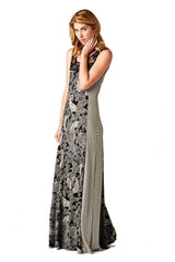 Niobe Clothing Sleeveless Black White Paisley Striped Mixed Media Lace Maxi Dress - f_dresses