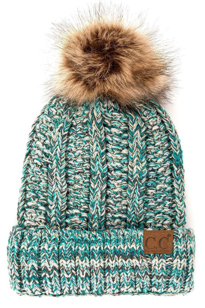 Faux-Fur Pom Fleece-Lined Knit Beanie