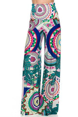Niobe Clothing High Waist Fold Over Wide Leg Gaucho Palazzo Pants (Jade Multicolor) - pants