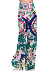 Niobe Clothing High Waist Fold Over Wide Leg Gaucho Palazzo Pants (Jade Multicolor) - pants